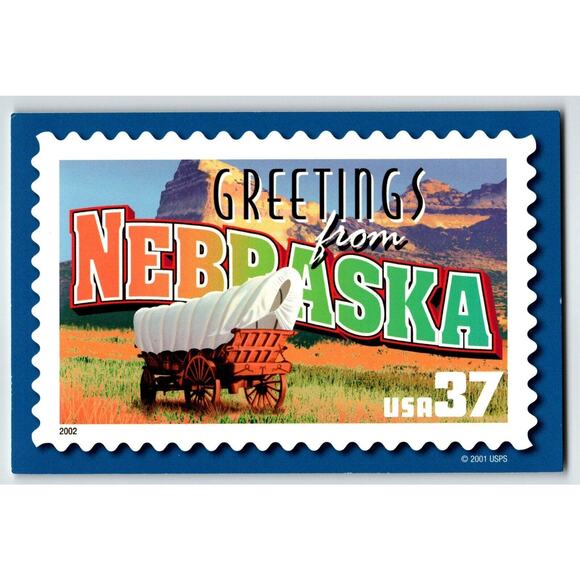 Greetings From Nebraska Large Letter Chrome Postcard USPS 2001 Covered Wagon - Picture 1 of 2
